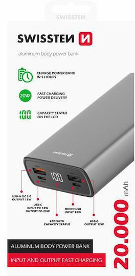 Swissten Power Bank 20000mAh with USB-A Port and 2 USB-C Ports Black
