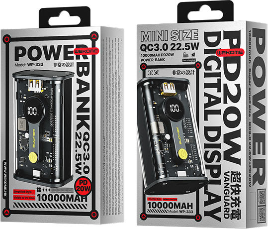 WK WP-333 Power Bank 10000mAh 20W with USB-A and USB-C USB Power Delivery Quick Charge Black