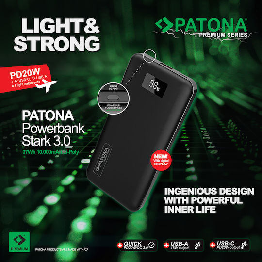 Patona Stark 3.0 Power Bank 10000mAh 20W with USB-A Output Port and USB-C Output Port Power Delivery Black