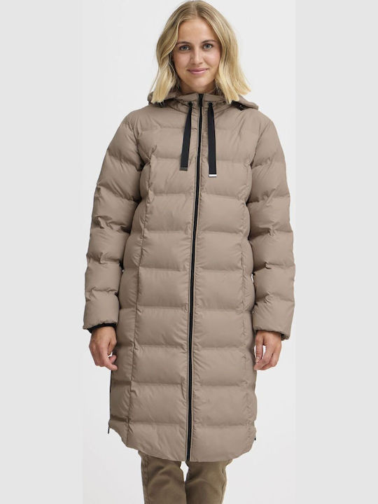 Women's Long Puffer Jacket for Winter with Hood Beige