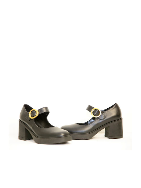 Fardoulis Leather Black Medium Heels with Strap