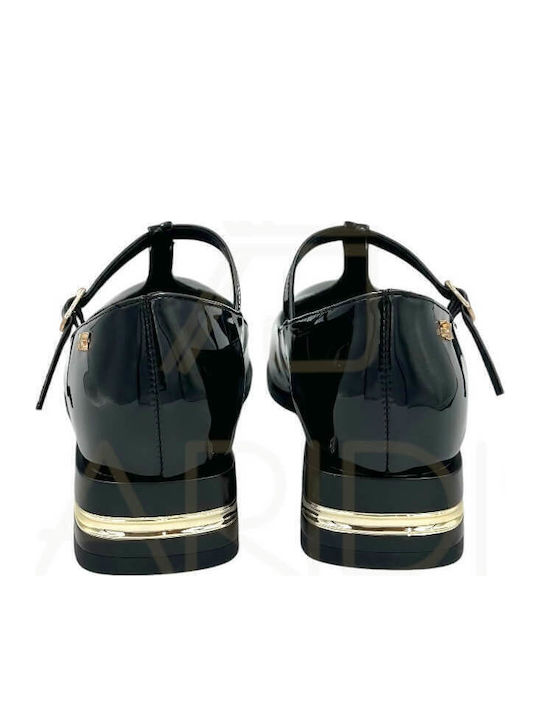 Leder Pumps mit Riemchen & flacher Absatz Schwarz