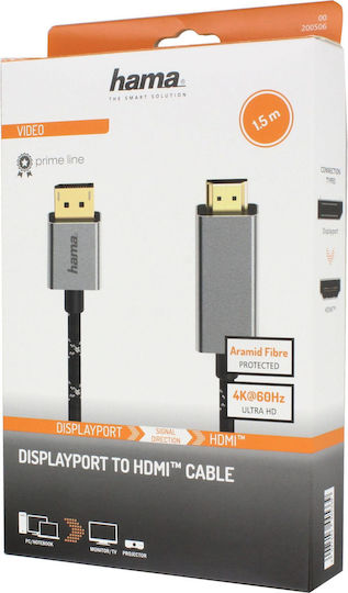 Hama Video Cable Displayport Hdmi Ultra-hd 4k @ 60 Hz Aluminum 1.50 M