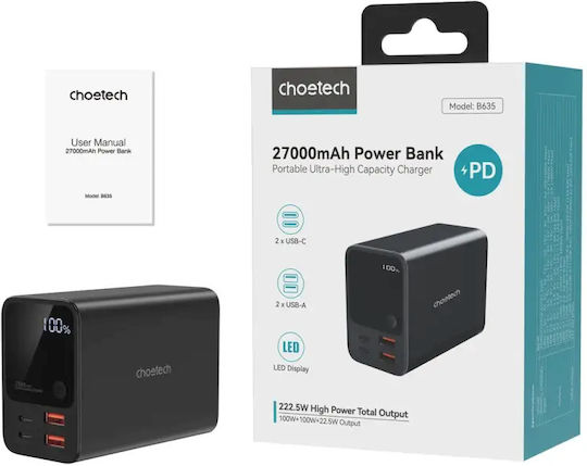 Choetech B635BK Power Bank 27000mAh 22.5W cu 2 Porturi USB-A și 2 Porturi USB-C Negru