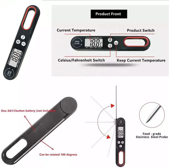 Pufo Digital Thermometer Probe Large Easy-to-read Display 50°c +300°c Automatic Shut-off Foldable Model Black