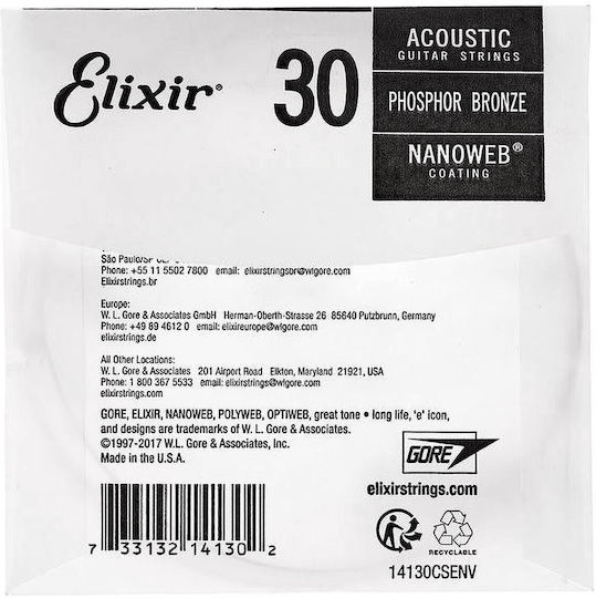 Elixir Single Phosphor Bronze String for Acoustic Guitar Nanoweb .030"