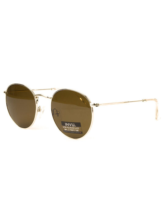 Invu Unisex Sonnenbrille mit Gold Metall Gestell und Braun Linse P1203C