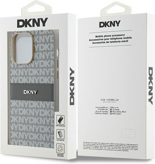 Carcasă din piele PU cu model repetitiv și dungi tonale DKNY pentru iPhone 14 Pro, bej