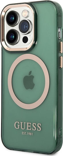 Guess Gold Outline Translucent MagSafe Umschlag Rückseite Kunststoff / Silikon Magnetisch Khaki (iPhone 14 Pro Max)