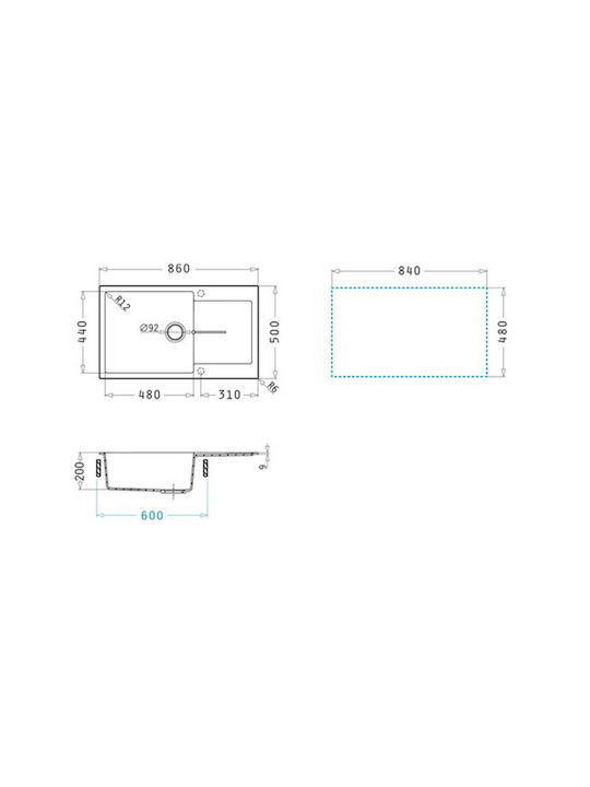 Pyramis 1b 1d Plus Ένθετος Νεροχύτης από Συνθετικό Γρανίτη Μ86xΠ50cm Iron Grey