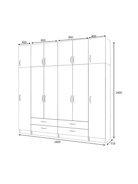 Ricardo Εξάφυλλη Ντουλάπα με Πατάρι Ανθρακί 240x51.8x240cm