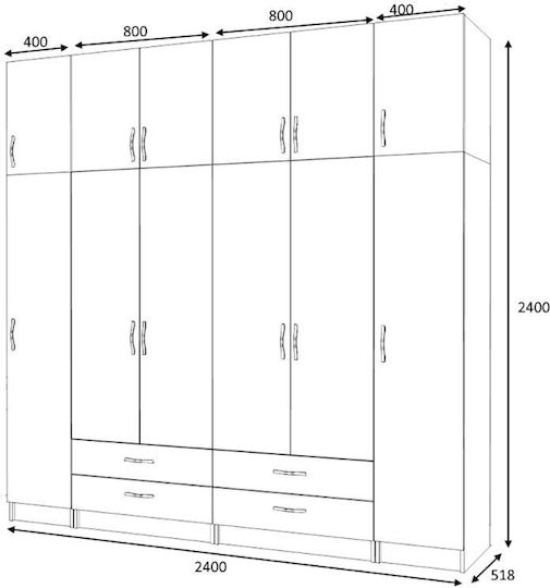 Șase uși Dulap de Haine Ricardo cu Spațiu de Depozitare Cărbune de lemn 240x51.8x240cm