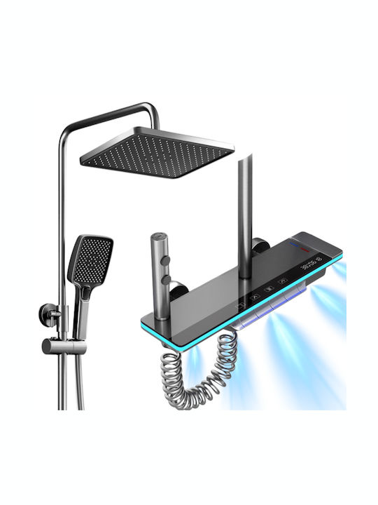 Led Shower Set Digital Temperature Display Visionhub Column Thermostat Integrated Power Generation Turbine Wall-mounted 4 Water Flow Functions Showerhead