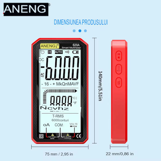 Aneng 620a True Rms Digital Multimeter Display Frequency Test Ncv 4.77 Inch Screen Temperature Sensors Diode Battery Continuity Tester Buzzer Overload Alarm Data Memory R