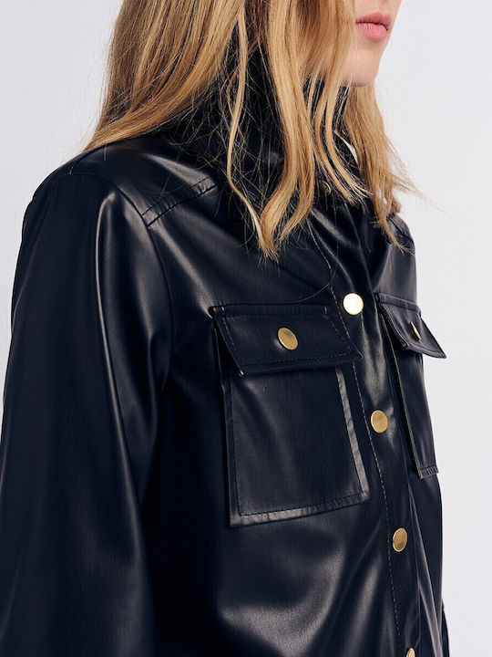 Women's Leather Long Sleeve Shirt Black