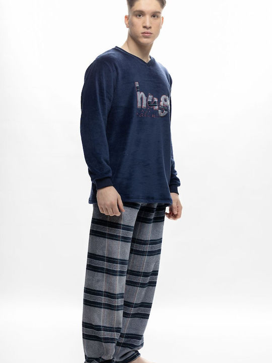 Galaxy Men's Winter Fleece Checked Pajamas Set Blue