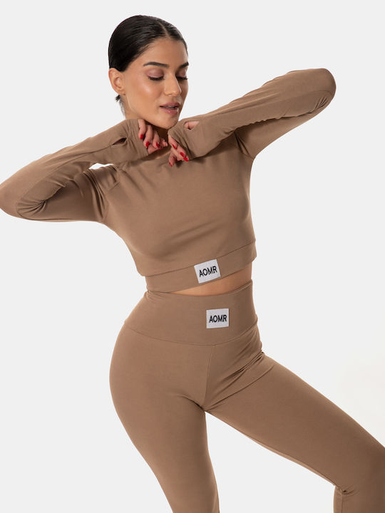 Αθλητικό Σετ Κολάν Crop Top Μακρυμάνικο Rib Μπεζ Μπεζ