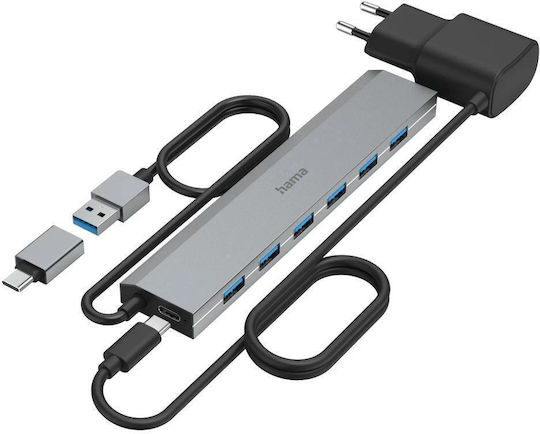 Hama USB-Hub 7 Ports USB 3.2 Gen 1 5 Gbit/s inklusive USB-C-Adapter und Netzteil