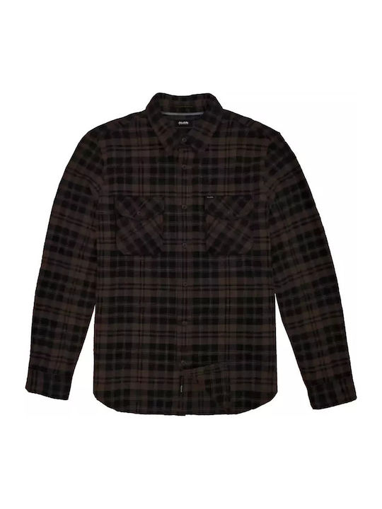 Cămașă Flanelată cu Mâneci Lungi, Regular Fit, în Carouri Negru Maro