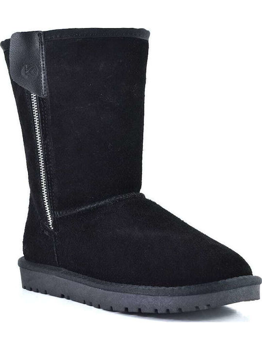 Leather Women's Ankle Boots with Fur Black