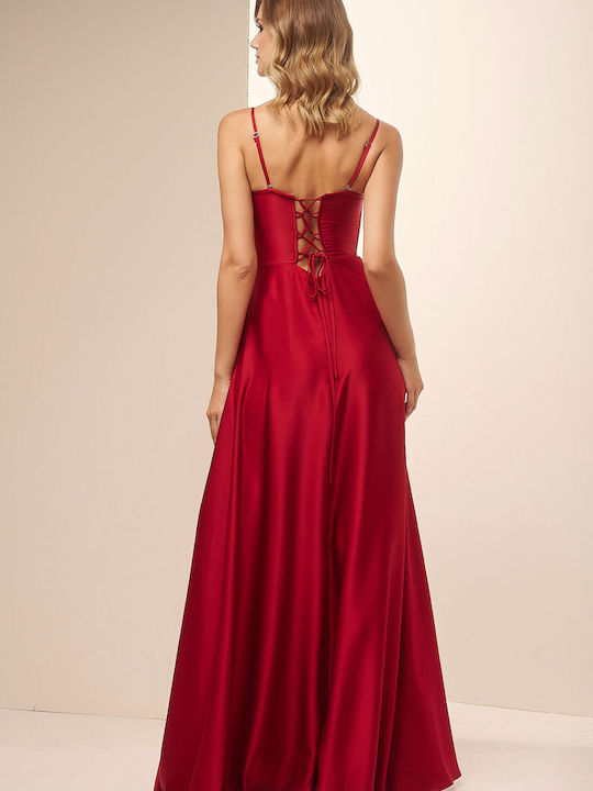 Velur Maxi Dress Satin with Slit Red