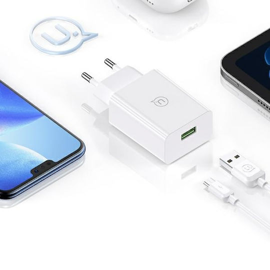Usams Mobile Phone Charger with USB-A Output Ports and micro USB Cable 18W Quick Charge 3.0 White