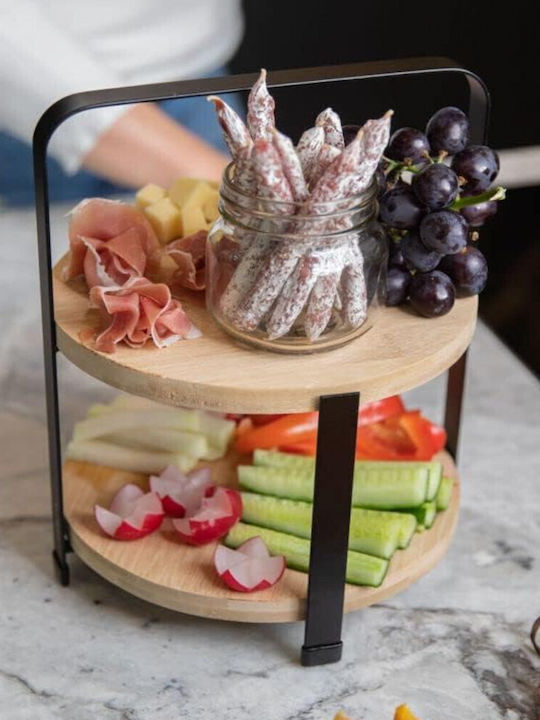 Suport de Fructe din Bambus și Metal cu 2 Niveluri pentru Fructe Prăjituri și Aperitive 25 x 21.5 Cm