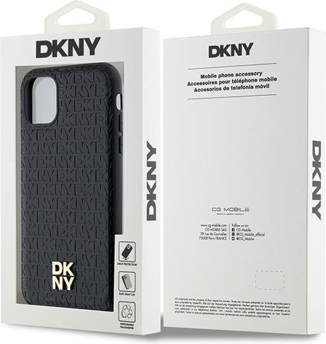 Carcasă MagSafe din piele PU cu model repetitiv și logo stivuit DKNY pentru iPhone 11, negru