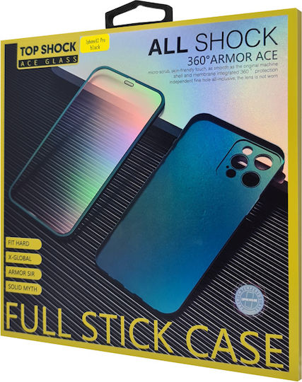 Powertech Umschlag Rückseite Gehärtetes Glas / Silikon 0.33mm Set mit Glas Blau (iPhone 12 / 12 Pro)