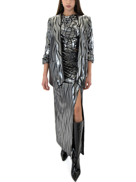 Damen Crop Top Langärmelig Silber-Schwarz 1461.688.0564-SILBER