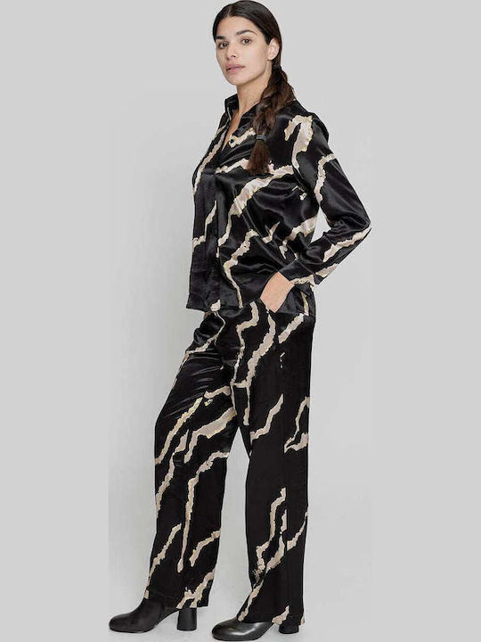 Women's High-waisted Fabric Trousers with Elastic Straight Line Black/Gold