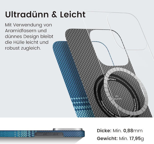 Pitaka Umschlag Rückseite Aramid Fiber 1.05mm Blau (iPhone 17 Pro / iPhone 16 Pro)
