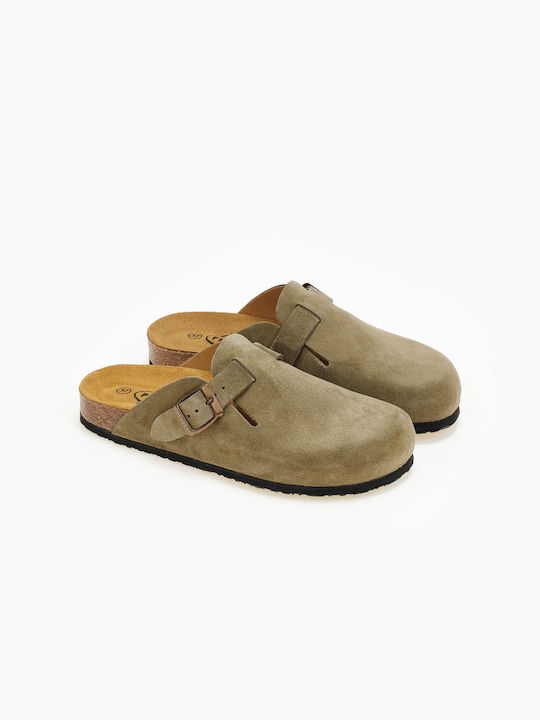 Plakton Men's Leather Clogs Khaki