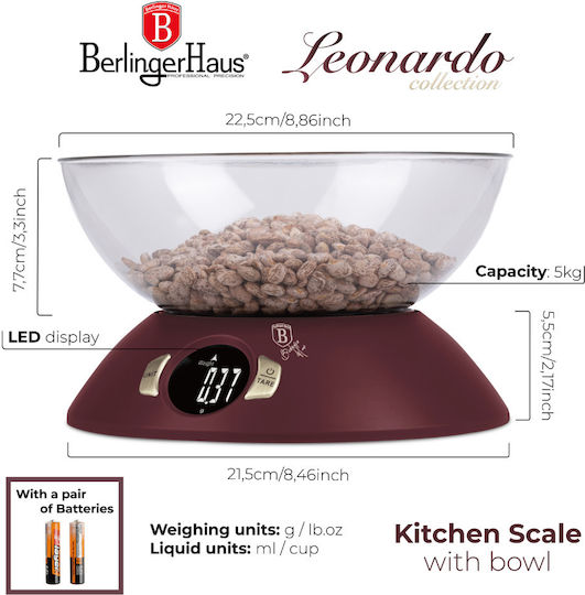 Berlinger Haus Ψηφιακή Ζυγαριά Κουζίνας με Κάδο έως 5kg Μπορντό