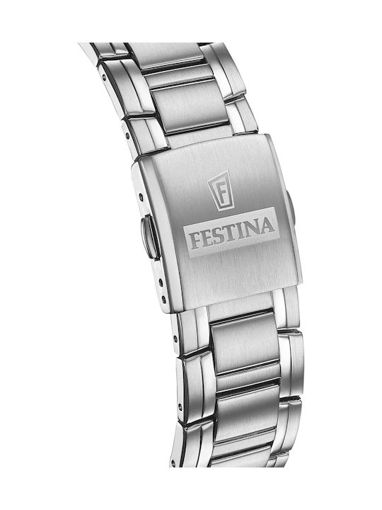 Festina Ανδρικό Ρολόι 45mm Χρονογράφος Μπαταρίας με Ασημί Ατσάλινο Μπρασελέ