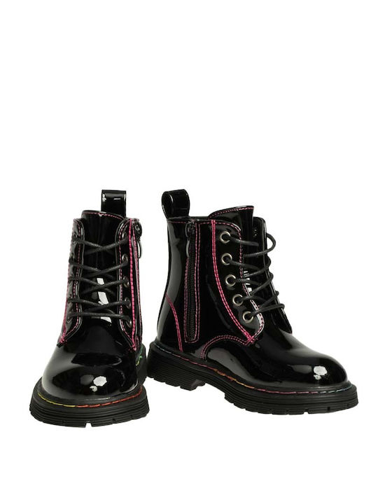 Le Petit Kids Patent Leather Military Boots Black