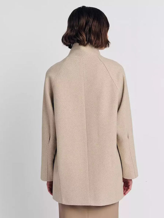 Wool Women's Beige Peacoat with Buttons