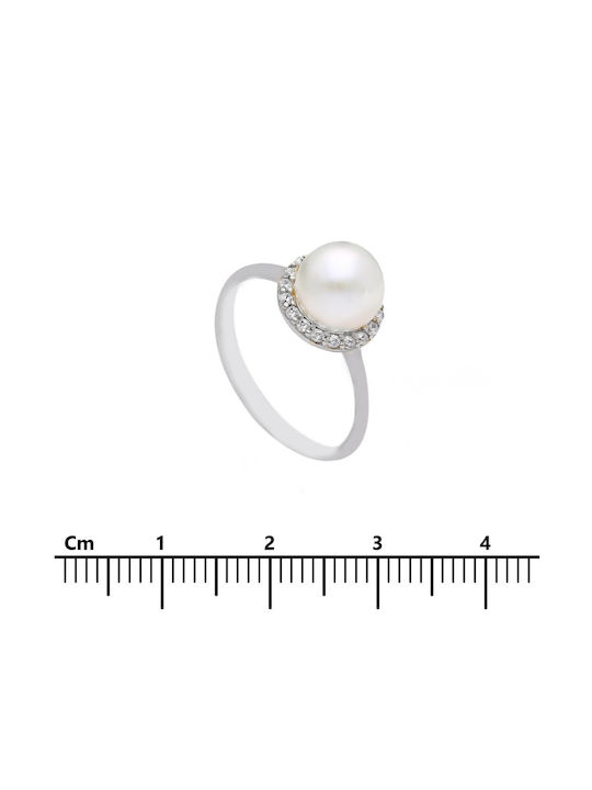 Mentzos Ring with Pearls & Zircon made of White gold 9K