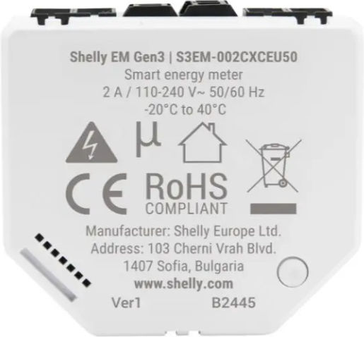 Shelly Em Gen3 Single-Phase Power Meter 2-Channel Clamp 50A Included
