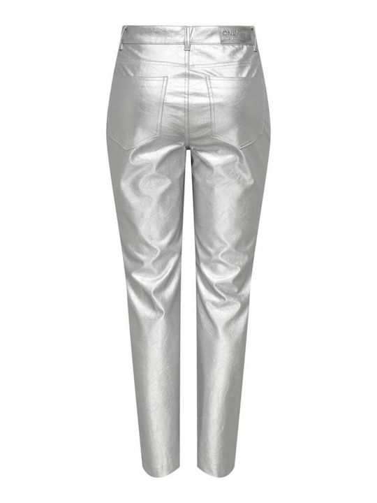 Only Women's High-waisted Leather Trousers in Straight Line Silver