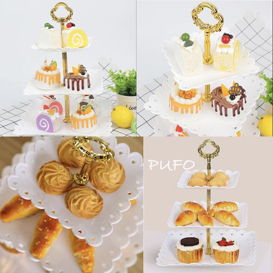 Quadratischer 3-stöckiger Obstständer Pufo Süßigkeiten Kuchen Gebäck Früchte Vorspeisen 34 x 24 cm Weiß
