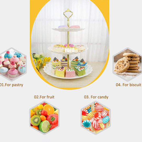 Suporturi și Tava Pentru Turn De Desert Puffo Cookies 3 Niveluri Stand Pentru Fructe Prăjituri Deserturi Fructe Aperitive 34 X 27 Cm Alb