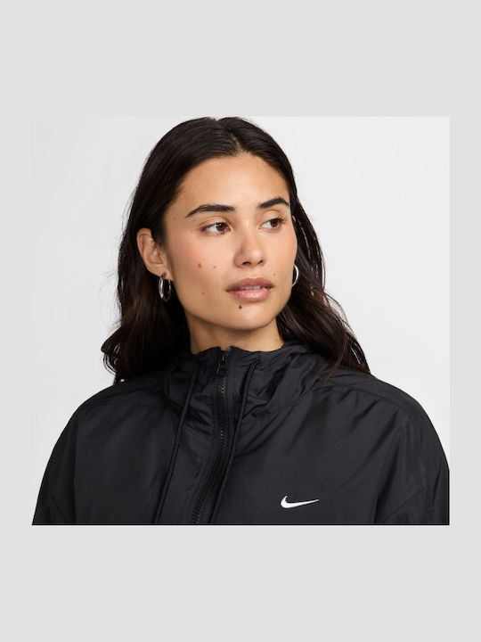 Women's Sports Jacket Windproof for Spring or Autumn with Hood Black