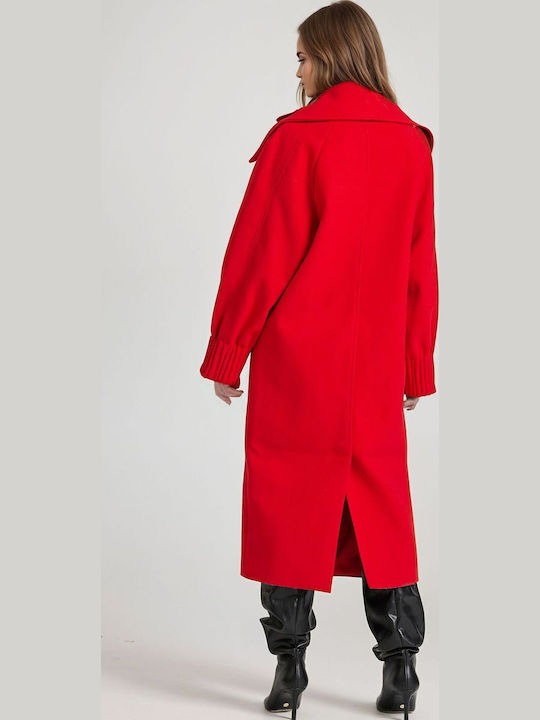 Women's Crimson Red Coat with Buttons