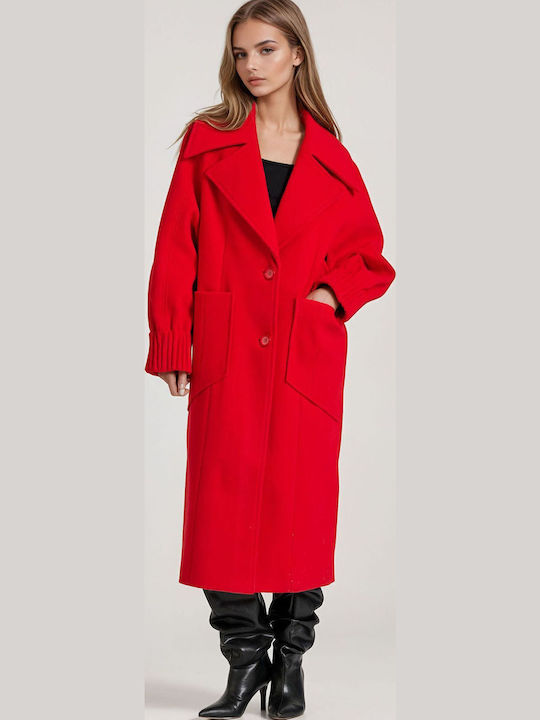 Women's Crimson Red Coat with Buttons