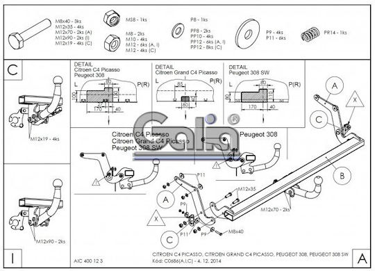 Galia Tow Hook Car Citroen Grand C4 Picasso MPV 2013- Maximum Towing Weight 1800kg with Screws