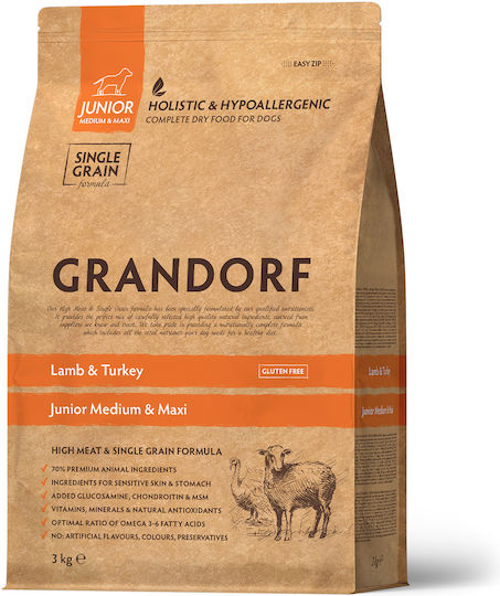 Grandorf Lamb & Turkey - Junior 10kg Dry Food Gluten-Free for Medium & Large Breed Puppies with Lamb and Turkey