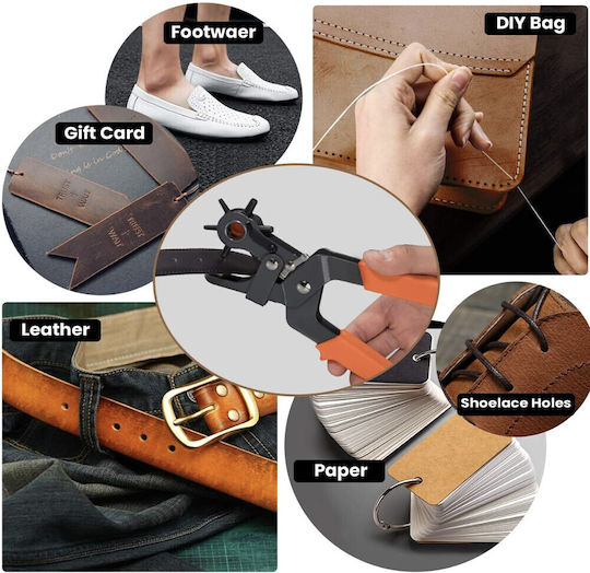 Pufo Rotating Hole Punch Pliers 6 Heads Punching Belts Orange Black