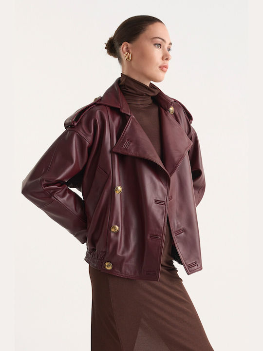 Studio 83 Women's Short Lifestyle Leather Jacket for Winter Bordeaux