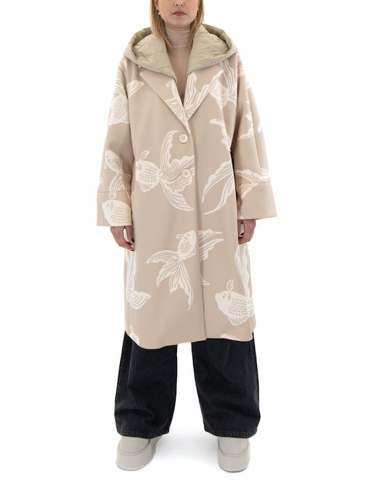 Moutaki Women's Long Coat with Buttons and Hood Ecru-beige